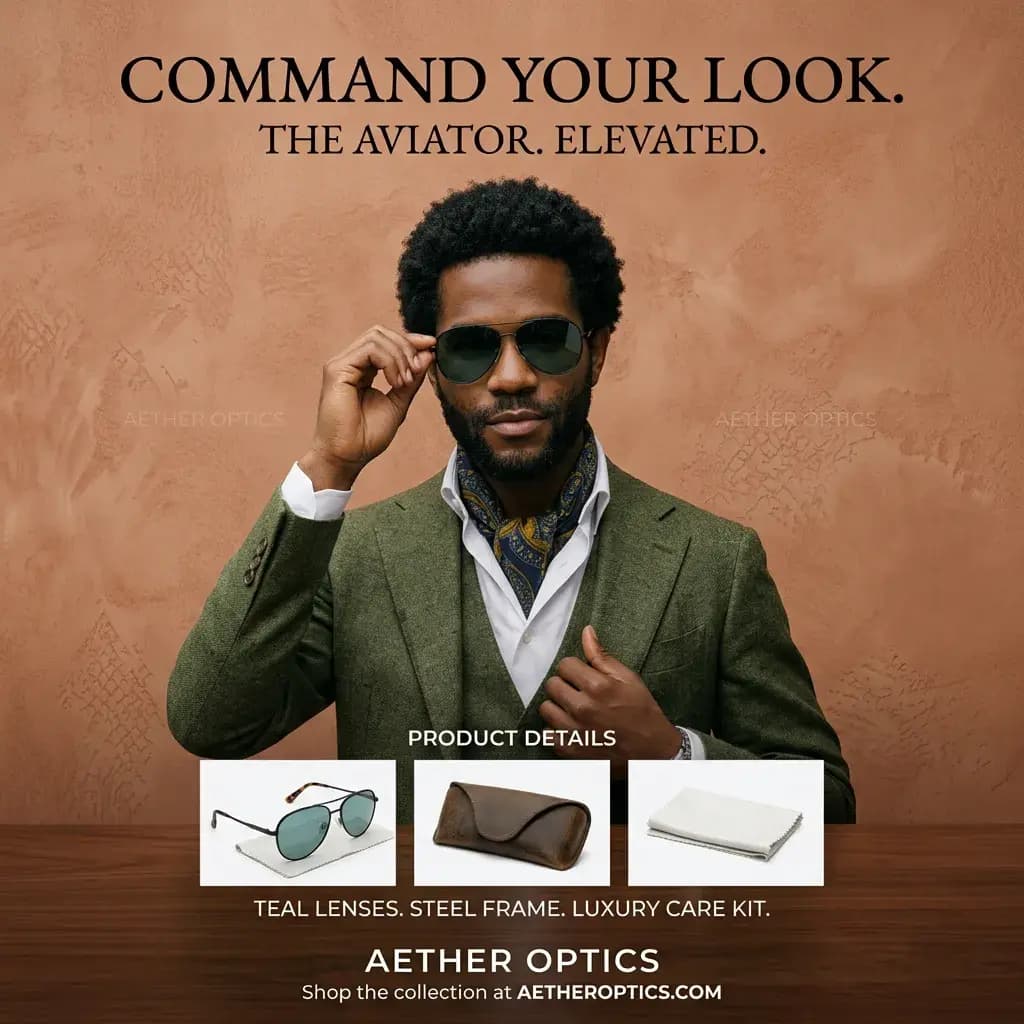 Campaign-ready sunglasses ad creative with model, product detail strip, and brand text.