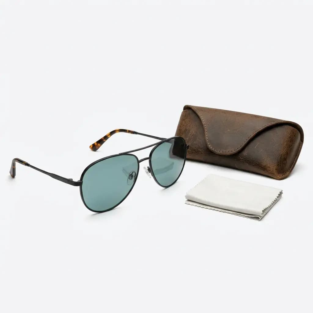 Original sunglasses product shot with case and cloth on a white background.